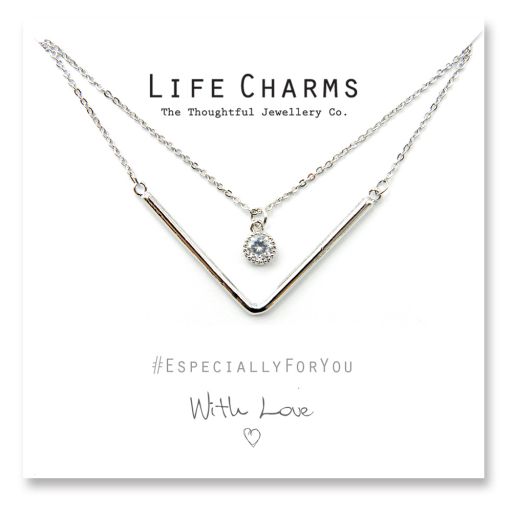 480510 - Life Charms - YY10 - Necklace 2 Layer Silver Chevron and a Crystal
